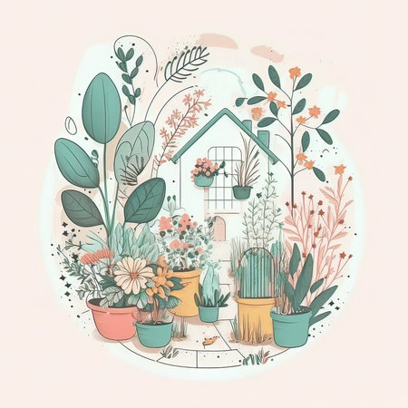 Vector illustration of house with flowers and plants. Hand drawn style.の素材