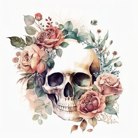 Hand drawn watercolor skull with flowers and leaves. Vector illustration.の素材