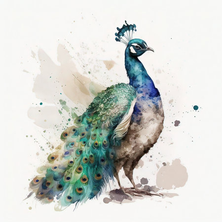 Peacock. Watercolor painting on white background. Hand drawn illustration.の素材