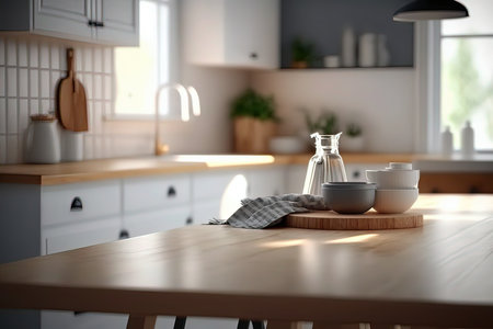 Kitchen interior with wooden table and kitchenware, 3d renderingの素材