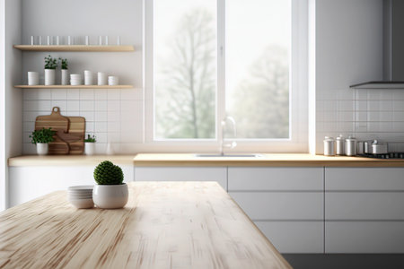 Interior of modern kitchen with white walls, concrete floor, white cupboards and wooden countertops. 3d renderingの素材