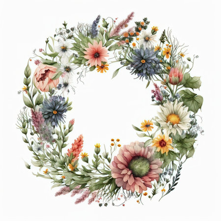 Watercolor floral wreath isolated on white background. Hand painted illustration.の素材