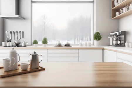 Wooden table in modern kitchen with white walls, concrete floor, white countertops and cupboards. 3d renderingの素材