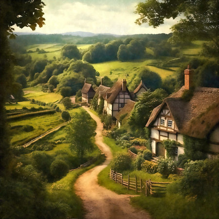 Digital painting of a village in the middle of the English countryside.の写真素材