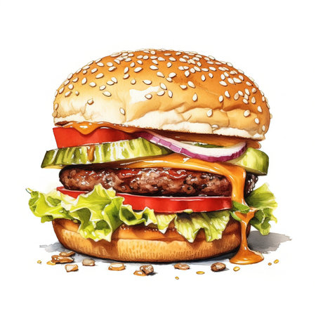 Hamburger isolated on white background. Hand drawn watercolor illustrationの素材