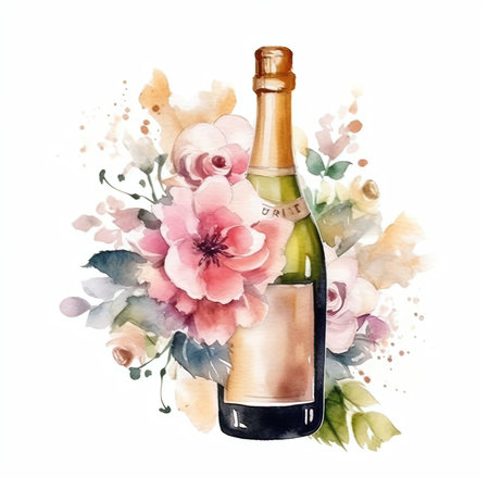 Watercolor illustration of a bottle of champagne, flowers and leaves.の素材