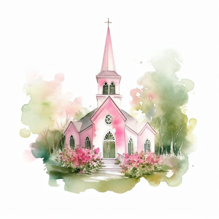 Watercolor illustration of a pink church with pink flowers on a white backgroundの素材
