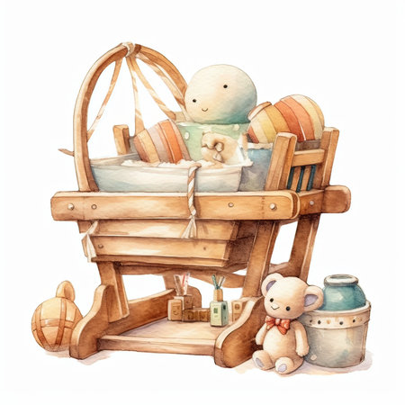 Hand drawn watercolor illustration of a childrens wooden cradle with toys.の素材