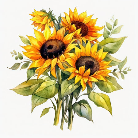Bouquet of sunflowers on a white background. Watercolorの素材