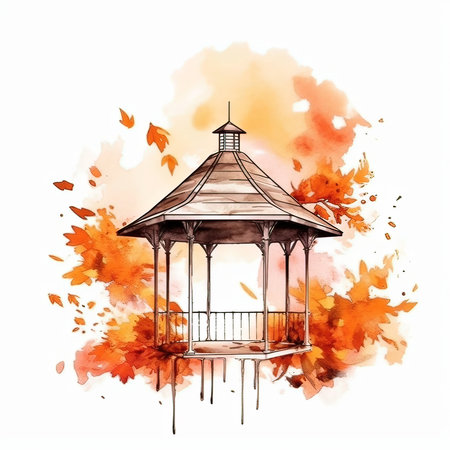 Gazebo with autumn leaves on a watercolor background.の素材