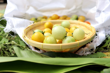 Tomato fruits on white bag and basketの写真素材