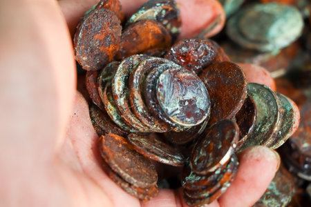 Old and red rusted on the coins surface