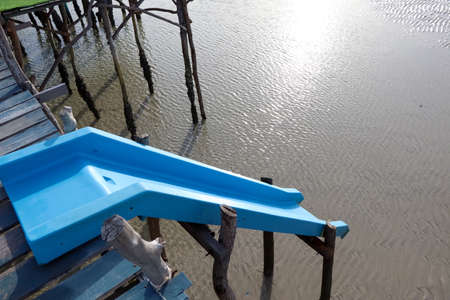 Slider for children to swim in the sea at low tideの写真素材