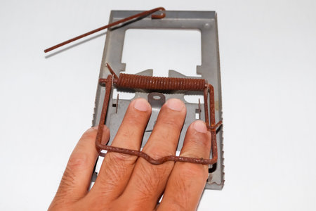 A mousetrap accident caught my hand and was in painの写真素材