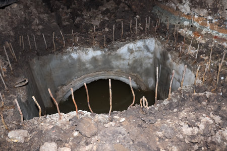 A sewer is being built on the side of the road and there is a sharp iron at night