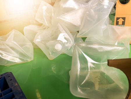 Garbage bags and plastic containers contaminated with chemicals in factory or laboratory