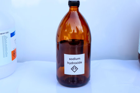 Sodium hydroxide in bottle, chemical in the laboratory and industry