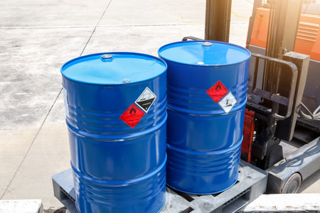 Warning symbol for chemical hazard on chemical container, chemical in factory