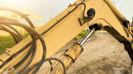 Old Hydraulic cylinder of Backhoe in factory, Construction Aidsの写真素材