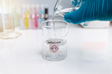 sulfuric acid in glass, chemical in the laboratory and industryの写真素材