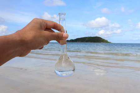 Sample of water in a chemical flask, Water samples to examine in the laboratory