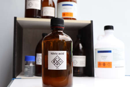 Nitric acid in bottle, chemical in the laboratory and industryの写真素材