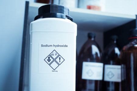Sodium hydroxide in bottle, chemical in the laboratory and industryの写真素材