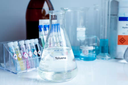 Toluene in glass, chemical in the laboratory and industryの写真素材