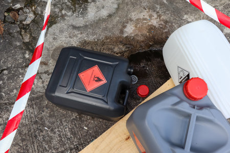 Chemicals from industry or laboratory  leak on the floor and damage the environment, chemical symbol