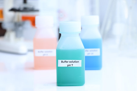 Buffer solution in glass, chemical in the laboratory and industry, Chemicals used in the analysisの写真素材