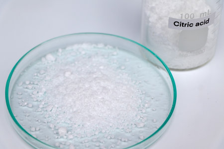 Citric acid in glass, chemical in the laboratory and industry, Chemicals used in the analysisの写真素材