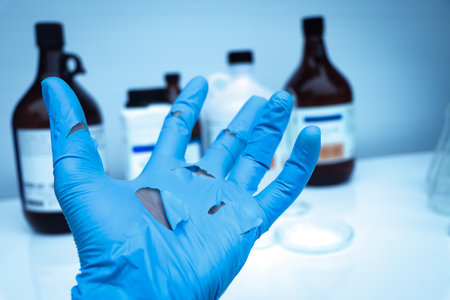 Use torn gloves when working with hazardous chemical in the laboratory or industryの写真素材