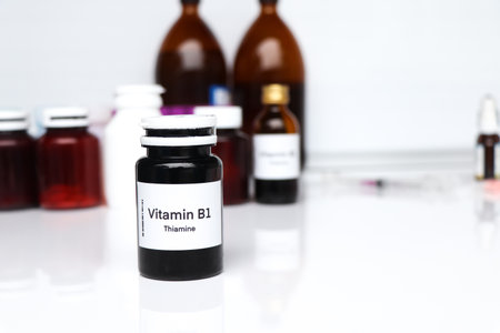 Vitamin B1 pills in a bottle, food supplement for health or used to treat diseaseの写真素材
