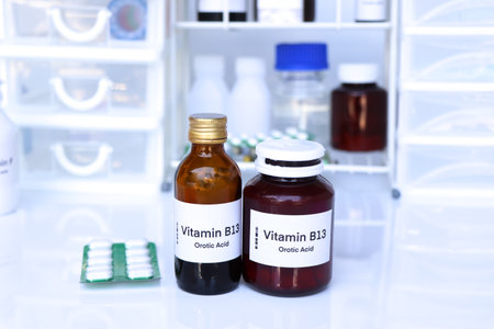 Vitamin B13 pills in a bottle, food supplement for health or used to treat diseaseの写真素材