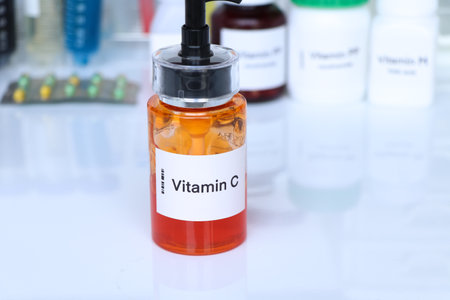 Vitamin C pills in a bottle, food supplement for health or used to treat diseaseの写真素材