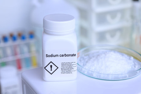 Sodium carbonate in bottle , chemical in the laboratory and industry, Chemicals used in the analysisの写真素材