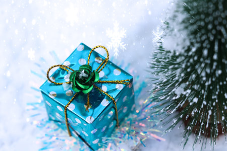 Christmas decorations and white snow, snow background, winter festival