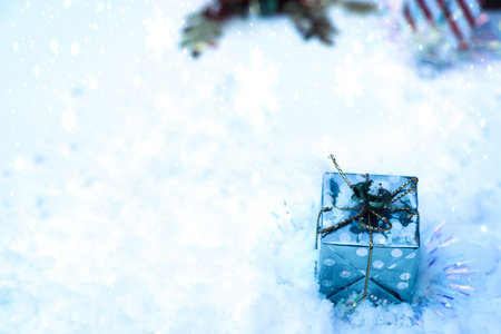 Christmas decorations and white snow, snow background, winter festival