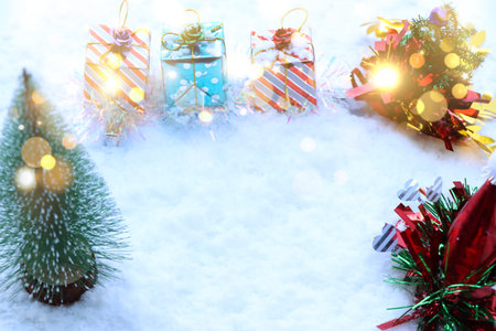 Christmas decorations and white snow, snow background, winter festival