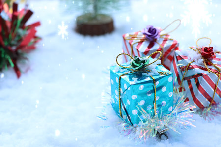 Christmas decorations and white snow, snow background, winter festival