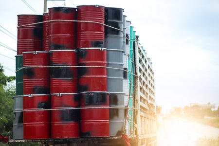 Trucks transporting dangerous chemical on the road, chemical tank truckの写真素材