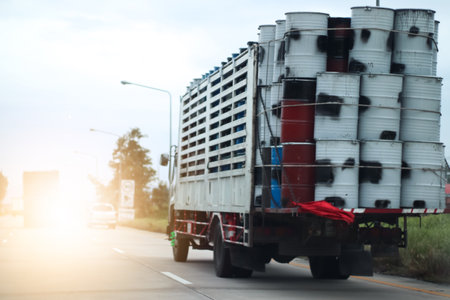Trucks transporting dangerous chemical on the road, chemical tank truckの写真素材