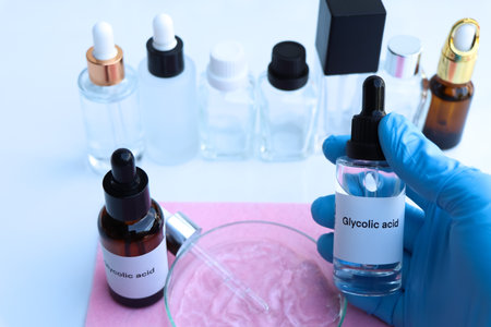 Glycolic acid in a bottle, chemical ingredient in beauty product, skin care productsの写真素材