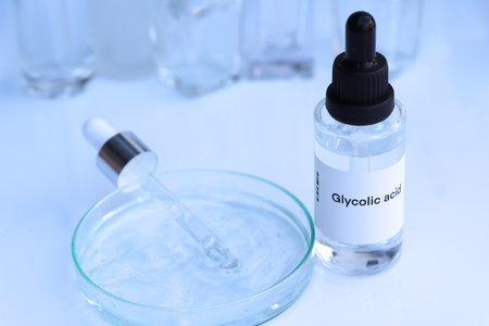 Glycolic acid in a bottle, chemical ingredient in beauty product, skin care productsの写真素材