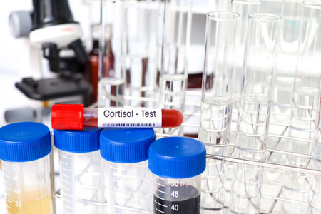 Cortisol test to look for abnormalities from blood,  blood sample to analyze in the laboratory, blood in test tubeの写真素材
