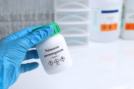 potassium permanganate in glass, chemical in the laboratory and industry, Chemicals used in the...