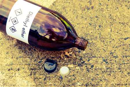 diethyl ether are leaking on the floor, chemical in the laboratory and industry, Chemicals used in...