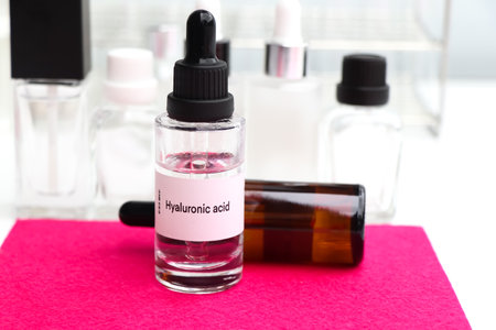 Hyaluronic acid in a bottle, chemical ingredient in beauty product, skin care productsの写真素材
