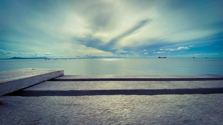 wooden planks and empty space with sea background, sky background