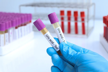 Uric acid test to look for abnormalities from Urine,  Urine sample to analyze in the laboratory, Urine in test tubeの写真素材